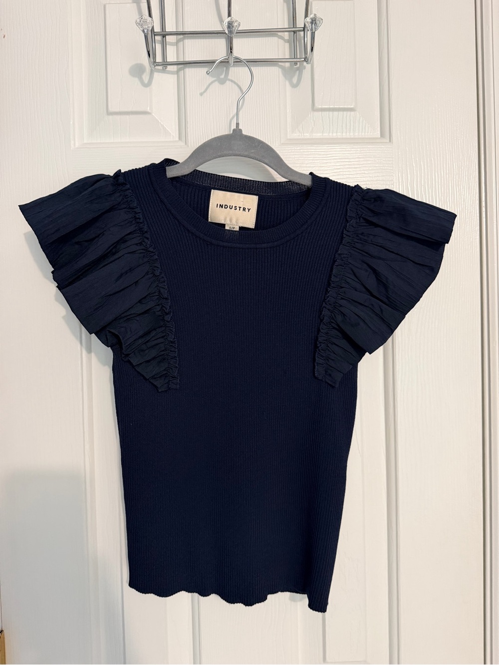 INDUSTRY Navy Ruffle Sleeve Ribbed Knit Top